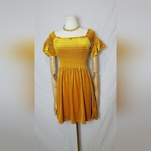 Urban Outfitters Clara Off-The-Shoulder Gold Smocked Velvet Dress, Size Small